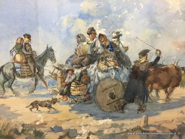 La scena rappresenta un gruppo di sardi in costume, sul carro e a cavallo nel giorno di festa. 