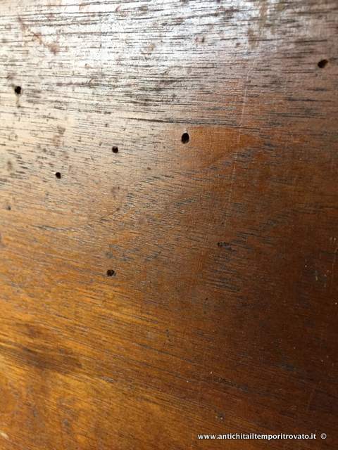 Danni causati dall' Anobium punctatum (il classico tarlo del legno) su un tavolo in noce