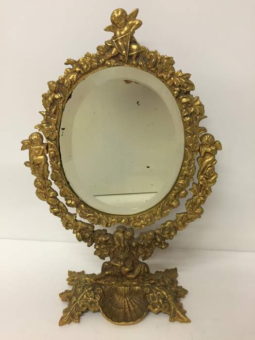 Antica specchiera da tavolo basculante in bronzo - Specchiera francese in bronzo con Cupido: rappresenta l`amore
