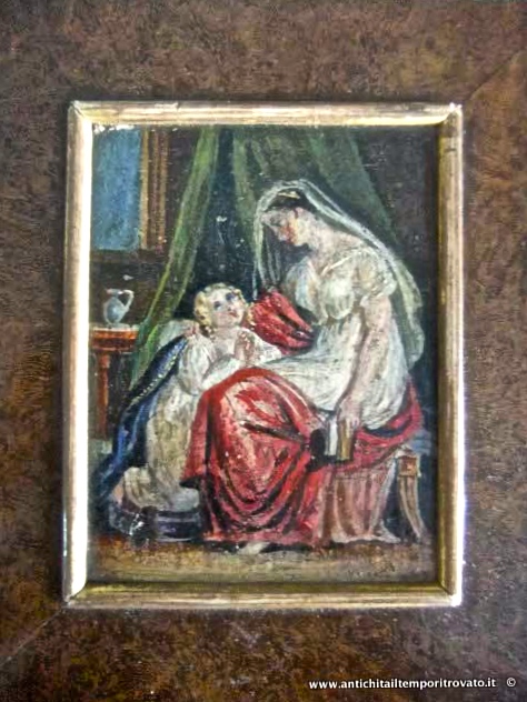 Oggettistica d`epoca → Scatole varie → Antica scatola portagioie in radica con miniatura dipinta Scatola portagioie con dipinto ad olio
Antica ed elegante scatola portagioie di provenienza inglese realizzata in radica di pioppo nei primi anni del 900. Incastonato nel coperchio, all'interno di un bordino dorato in rilievo, troviamo …
... continua ...
Immagine:immagini/catalogo/0/968.jpg