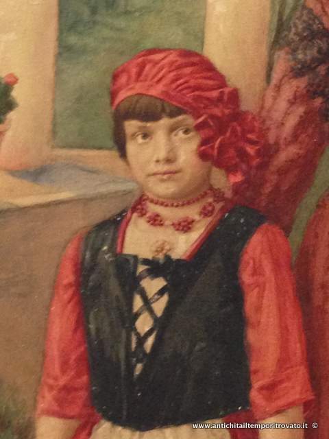 Oggettistica d`epoca - Stampe e dipinti - Antico dipinto ad acquerello dell`800 Antico acquerello con personaggi in costume - Immagine n°7  