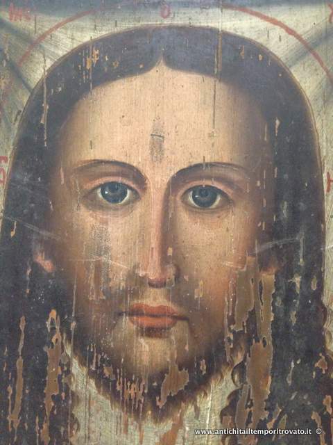 Oggettistica d`epoca - Arte sacra - Antica icona del 900 Antica icona dipinta a tempera su legno rappresentante Gesu - Immagine n°2  