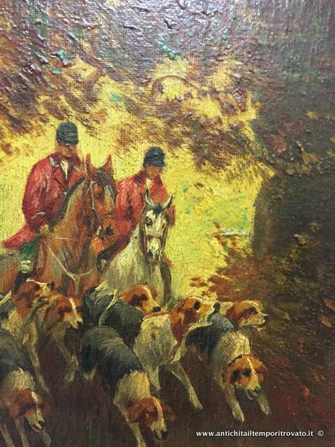 Oggettistica d`epoca - Stampe e dipinti - Antico olio su tela: caccia al cervo - Immagine n°2  