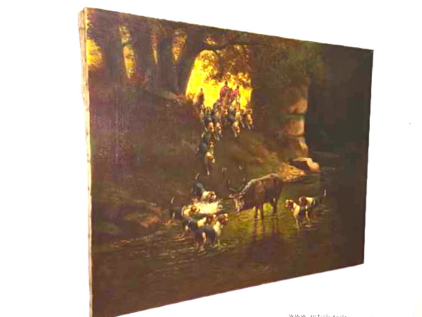 Oggettistica d`epoca - Stampe e dipinti - Antico olio su tela: caccia al cervo - Immagine n°3  