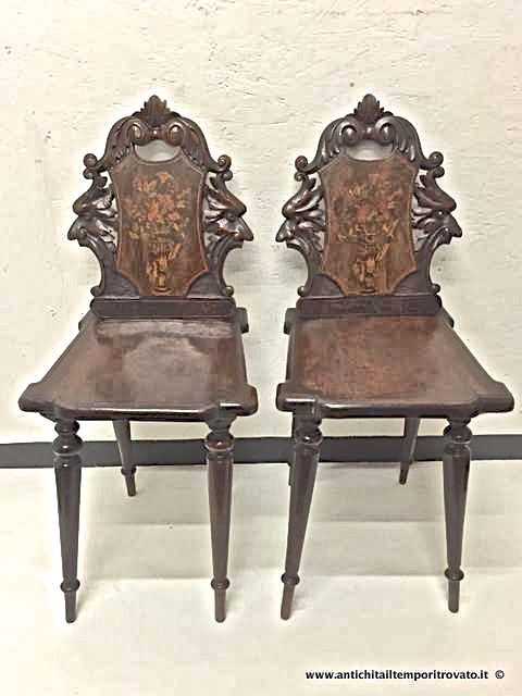 Antica coppia di sedie scultura intarsiate - Coppia di sedie intagliate e intarsiate