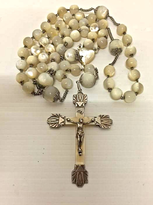 Antico rosario decò in madreperla e argento - Antico rosario in madreperla e argento