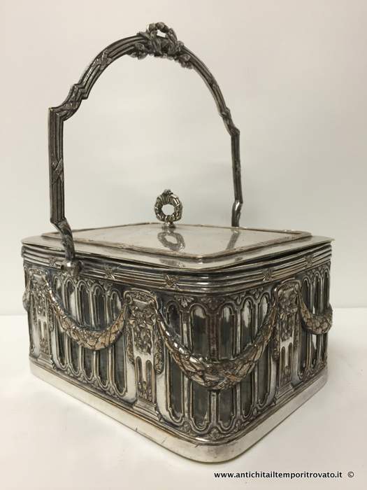 Antico cestino porta bon bon in rame argentato - Antico cestino con vetro decorato con ghirlande