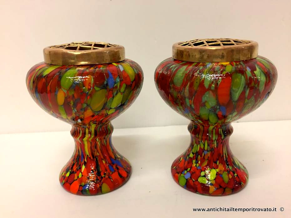 Coppia di vasi in vetro multicolore - Vasi in vetro dèco con grata