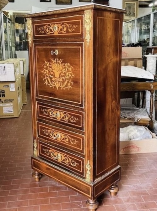Antico secretaire in palissandro con intarsi floreali - Antico secretaire Napoleone III  di piccole dimensioni