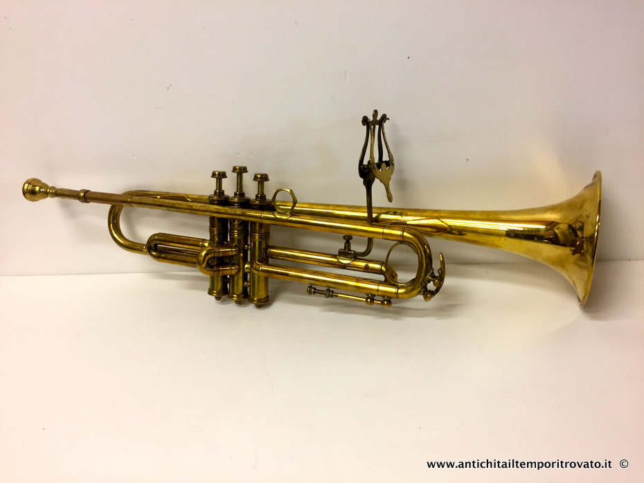 Antica tromba da banda in ottone (con custodia) - Tromba in ottone dotata di bocchino e letturino