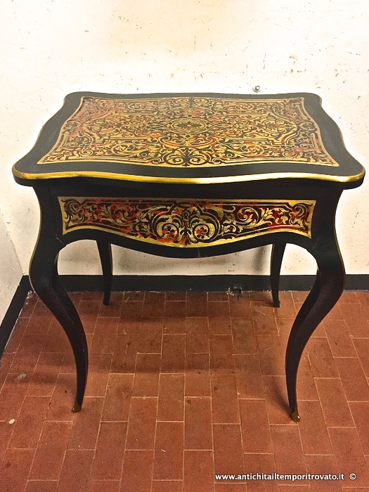 Antico tavolo Boulle da signora - Tavolino Napoleone III in ebano intarsi ottone
