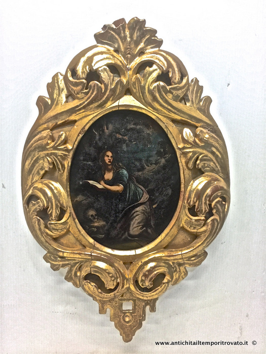 Antico dipinto su metallo con cornice scolpita - Antico dipinto: Maria Maddalena su metallo con cornice in oro foglia