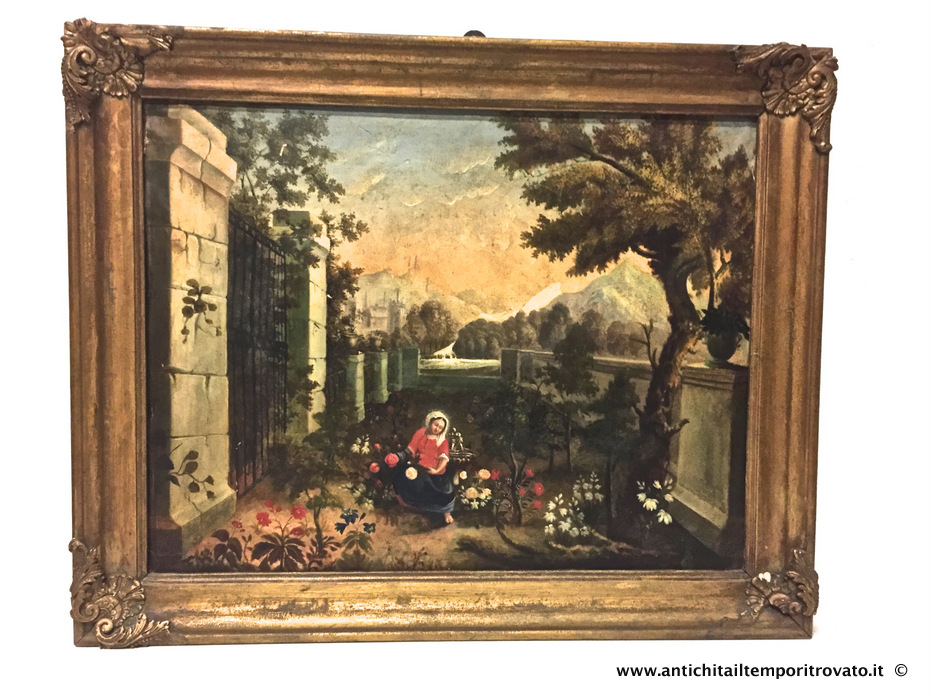 Antico dipinto ad olio dell'800 - Dipinto ad olio su tela francese: donna in un giardino fiorito