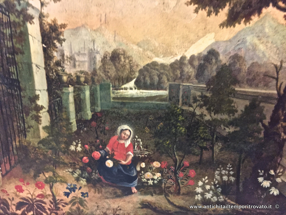 Oggettistica d`epoca - Stampe e dipinti - Antico dipinto ad olio dell'800 Dipinto ad olio su tela francese: donna in un giardino fiorito - Immagine n°2  