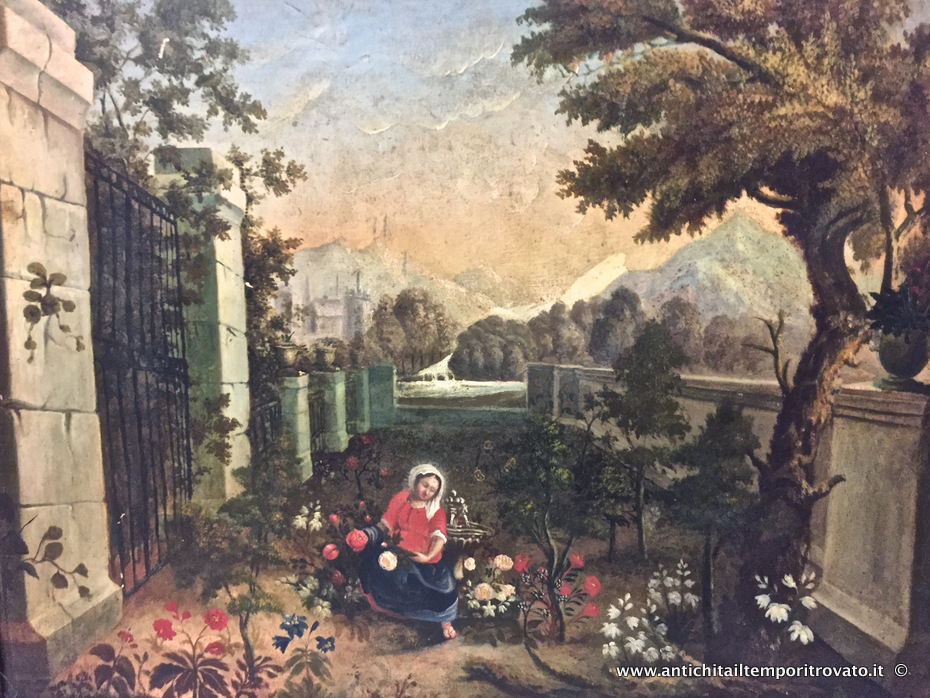 Oggettistica d`epoca - Stampe e dipinti - Antico dipinto ad olio dell'800 Dipinto ad olio su tela francese: donna in un giardino fiorito - Immagine n°3  
