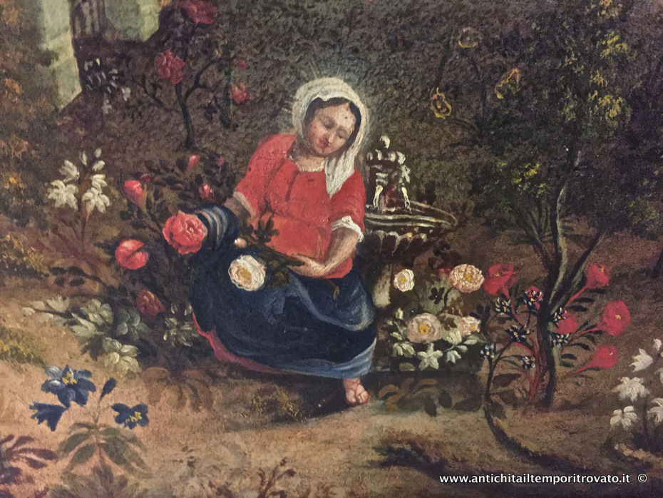 Oggettistica d`epoca - Stampe e dipinti - Antico dipinto ad olio dell'800 Dipinto ad olio su tela francese: donna in un giardino fiorito - Immagine n°4  