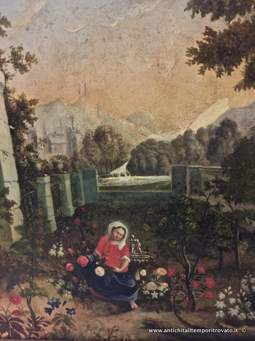 Oggettistica d`epoca - Stampe e dipinti - Antico dipinto ad olio dell'800 Dipinto ad olio su tela francese: donna in un giardino fiorito - Immagine n°5  