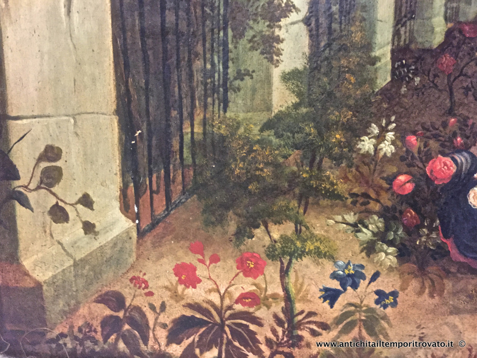 Oggettistica d`epoca - Stampe e dipinti - Antico dipinto ad olio dell'800 Dipinto ad olio su tela francese: donna in un giardino fiorito - Immagine n°6  