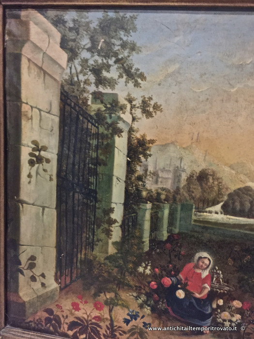 Oggettistica d`epoca - Stampe e dipinti - Antico dipinto ad olio dell'800 Dipinto ad olio su tela francese: donna in un giardino fiorito - Immagine n°8  