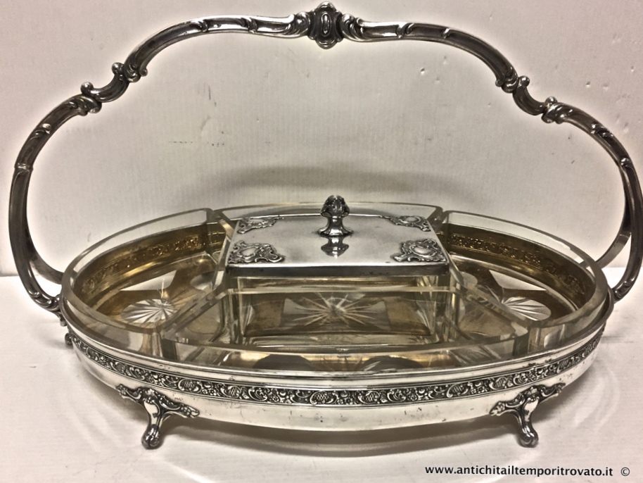 Antica antipastiera liberty in argento e cristallo - Antico cestello liberty per antipasti in argento e cristallo