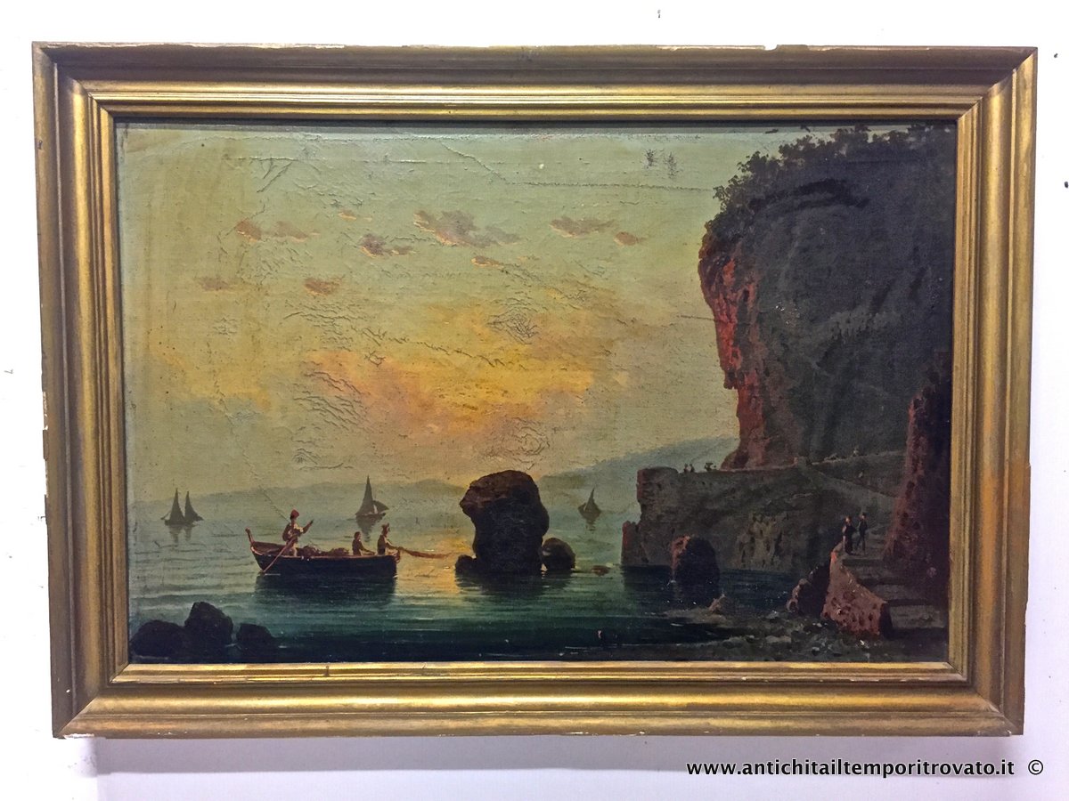 Antico dipinto ad olio: paesaggio marino campano - Scorcio marino visto dal convento dei frati Cappuccini di Amalfi