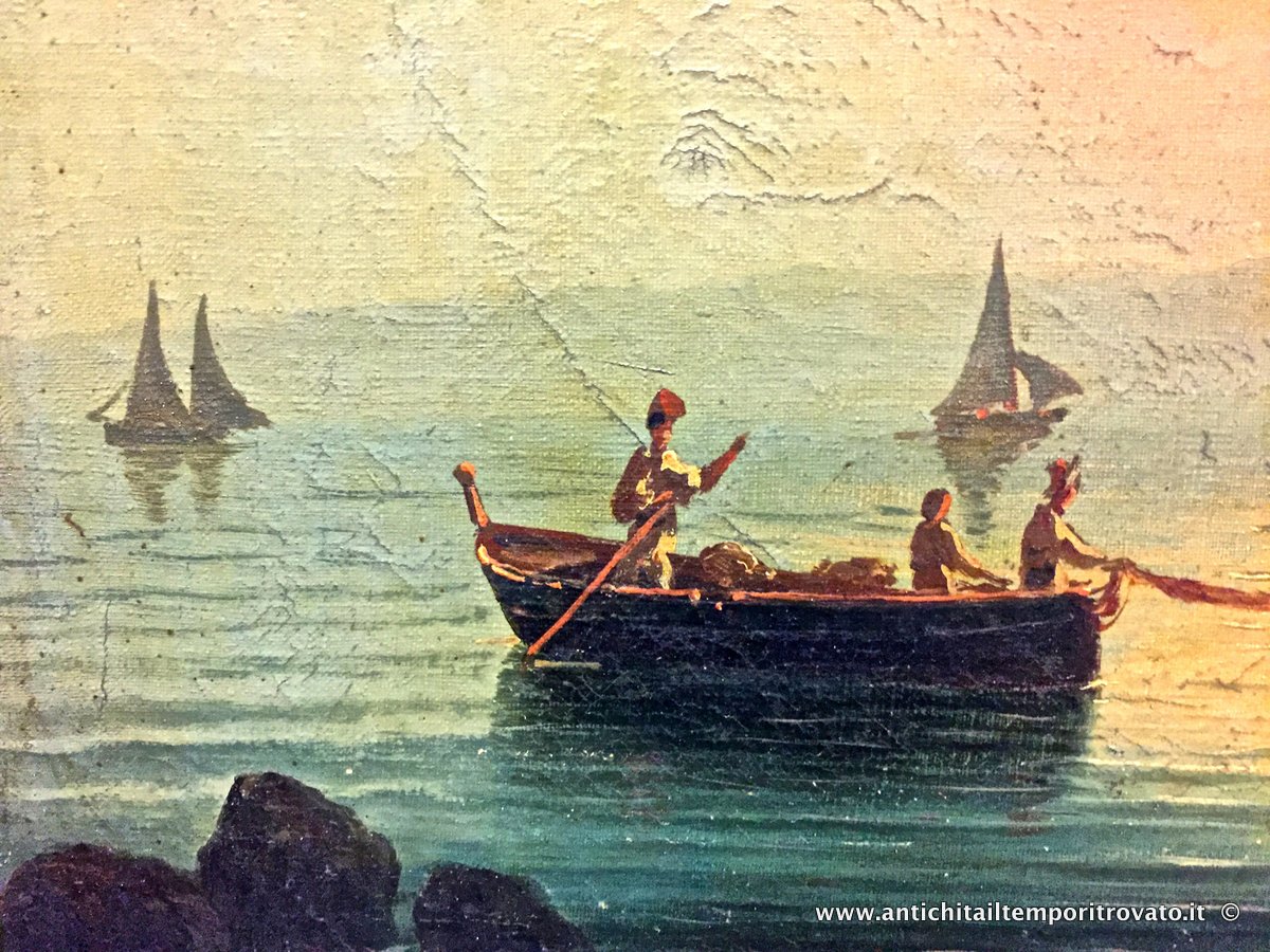 Oggettistica d`epoca - Stampe e dipinti - Antico dipinto ad olio: paesaggio marino campano - Immagine n°2  