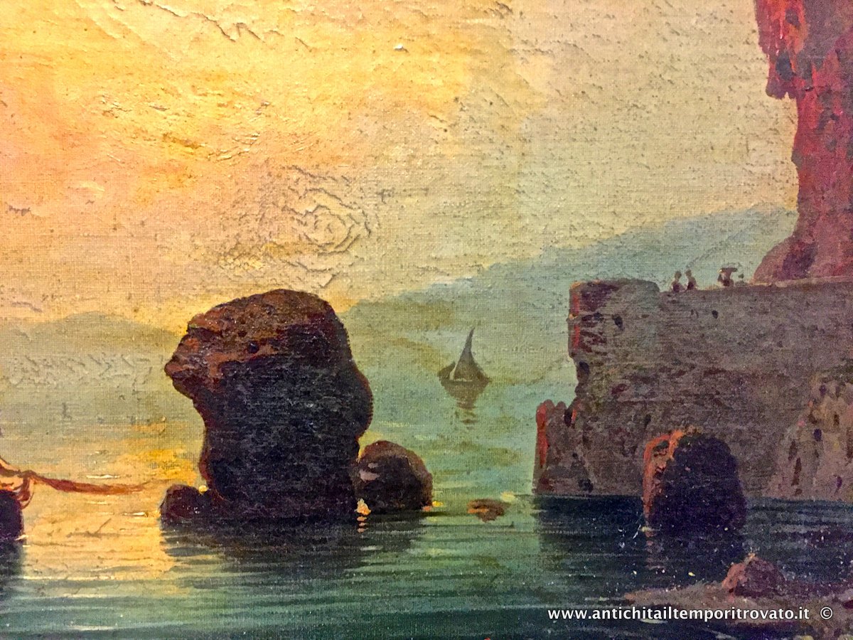 Oggettistica d`epoca - Stampe e dipinti - Antico dipinto ad olio: paesaggio marino campano - Immagine n°4  