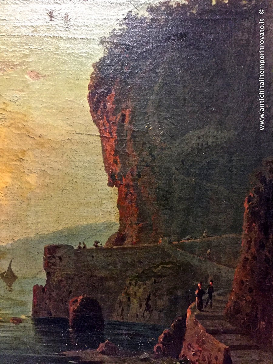 Oggettistica d`epoca - Stampe e dipinti - Antico dipinto ad olio: paesaggio marino campano - Immagine n°5  