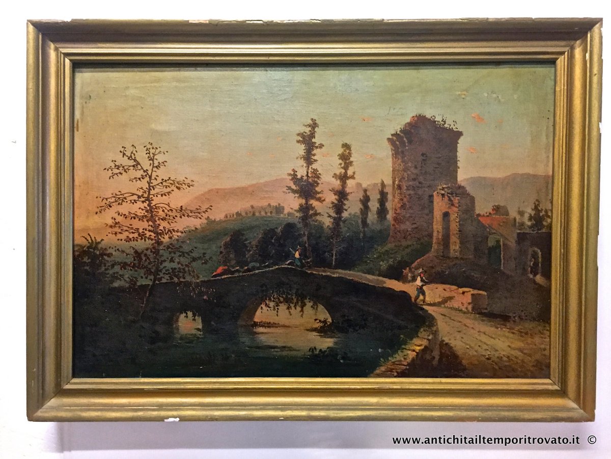 Antico dipinto: ponte con personaggi - Dipinto italiano dell'800: paesaggio con ponte