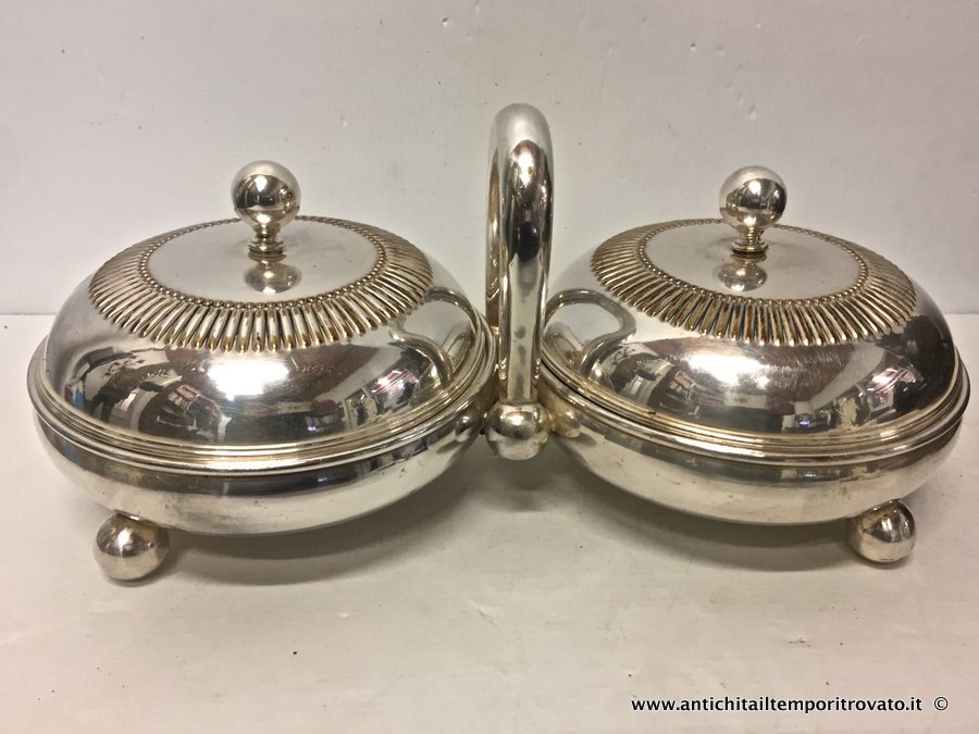 Antica doppia ciotola inglese in silver plate - Antica antipastiera silver plate