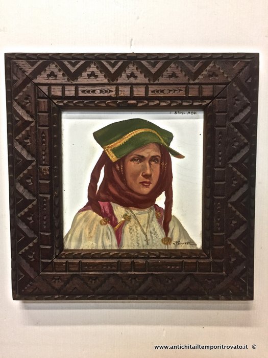 Antico dipinto a freddo su mattonella di Perrotti - Mattonella con donna sarda di Perrotti
