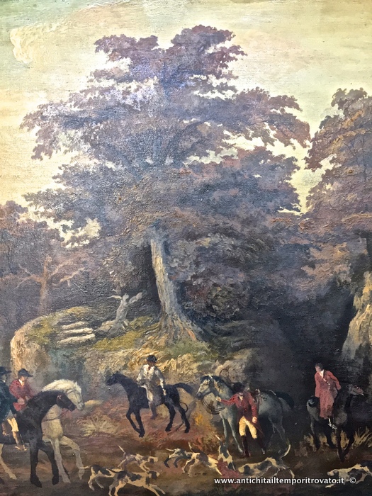Oggettistica d`epoca - Stampe e dipinti - Antico e grande dipinto ad olio: scena di caccia inglese - Immagine n°3  