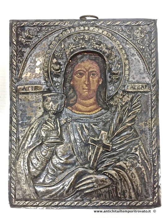 Antica icona di Santa Barbara dipinta a mano con riza in argento - Icona di Santa Barbara del 1880 con oklad in argento sbalzato