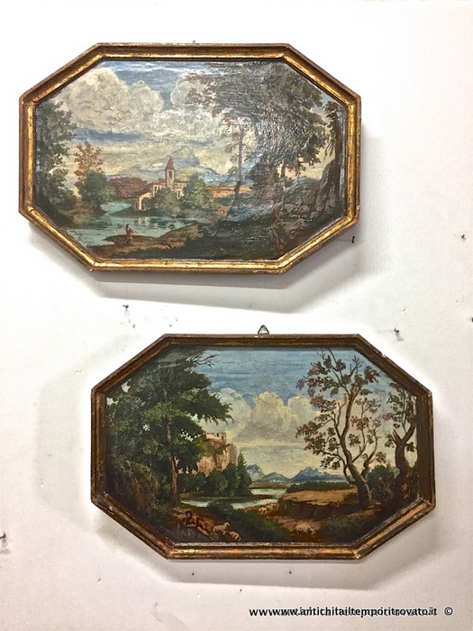 Antica coppia dipinti ad olio su tavola - Antichi dipinti su legno con cornici dorate ottagonali