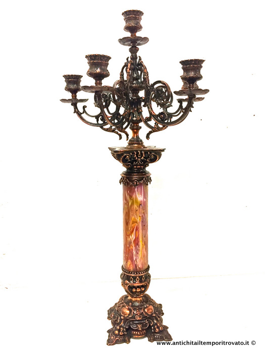 Antico e grande candelabro in metallo ramato e pasta vitrea - Candelabro d'epoca a 6 fiamme fìne 800