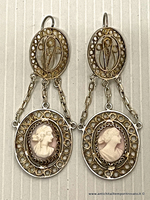 Antichi orecchini sardi in filigrana argento dorato e piccoli cammei - Orecchini sardi in filigrana d'argento realizzati a mano