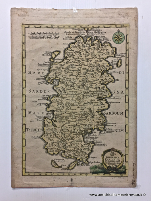 Antica incisione del regno di Sardegna di Johann Christian Schreiber - Antica incisione della Sardegna colorata nel periodo del 1780 di Johann Christian Schreiber