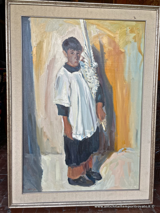 Dipinto ad olio: chierichetto del pittore sardo Antonio Corriga - Olio di Antonio Corriga: giovinetto con l'abito talare