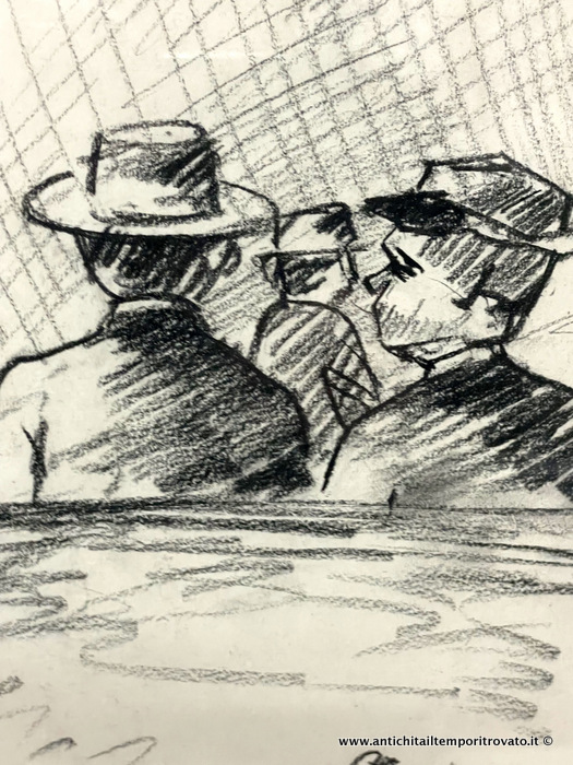 Oggettistica d`epoca - Stampe e dipinti - Antico carboncino su carta di Ottone Rosai Ottone Rosai: personaggi con cappello 1924 - Immagine n°4  
