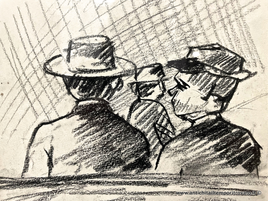 Oggettistica d`epoca - Stampe e dipinti - Antico carboncino su carta di Ottone Rosai Ottone Rosai: personaggi con cappello 1924 - Immagine n°6  