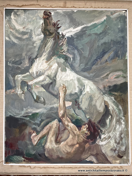 Grande olio su tela di Dino Fantini - Cavallo con uomo nudo, dipinto ad olio su tela di Dino Fantini