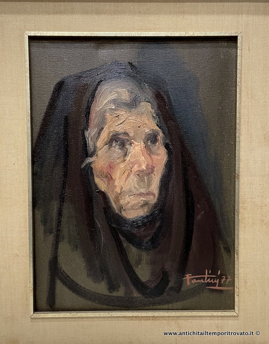 Antico dipinto ad olio su tela di Dino Fantini: viso di donna sarda - Sarda con fazzoletto dipinto da Dino Fantini con autentica
