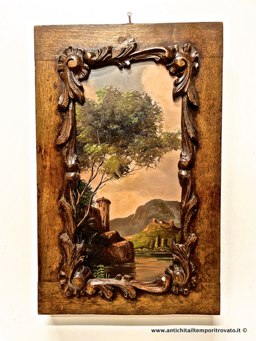 Antico dipinto ad olio su rame con cornice in noce -  Scena lacustre dipinta a mano con cornice con elementi rocailles