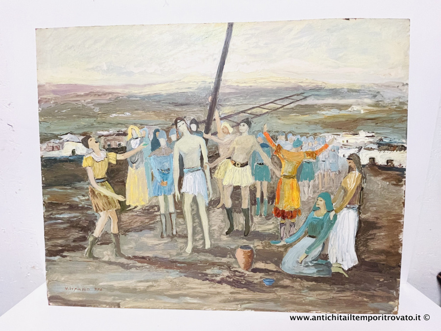 Dipinto ad olio su masonite di Valerio Pisano - Antico dipinto ad olio: la crocifissione del 1956 di Valerio Pisano
