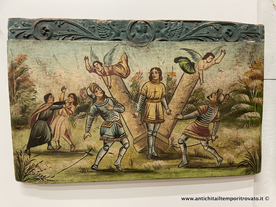 Antico pannello di un carretto siciliano della fine dell'800 - Pannello fine 800 di un carretto siciliano intagliato e dipinto in policromia