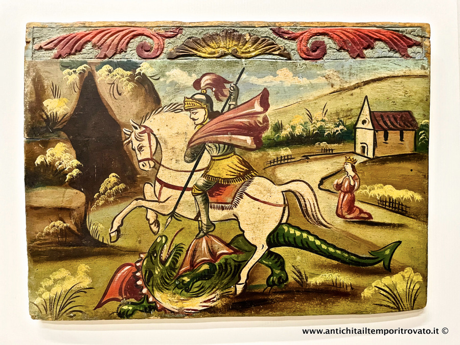 Antico pannello di carretto siciliano con scena dipinta a mano - Pannello in  legno con parte superiore intagliata, decorato a mano con dipinti popolari