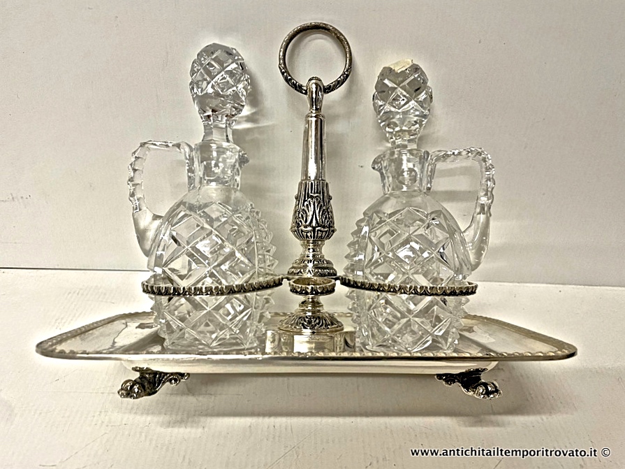 Antica oliera italiana in argento e cristallo molato - Oliera stile impero in argento 800 con ampolle in cristallo