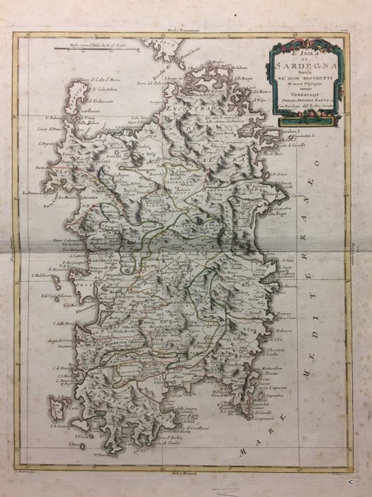 Originale carta geografica dell' Isola di Sardegna colorata a mano da Antonio Zatta - Antica mappa geografica della Sardegna del 1785, dell' editore Antonio Zatta