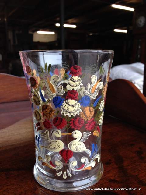 Bicchiere soffiato dell`800 - Antico bicchiere dipinto