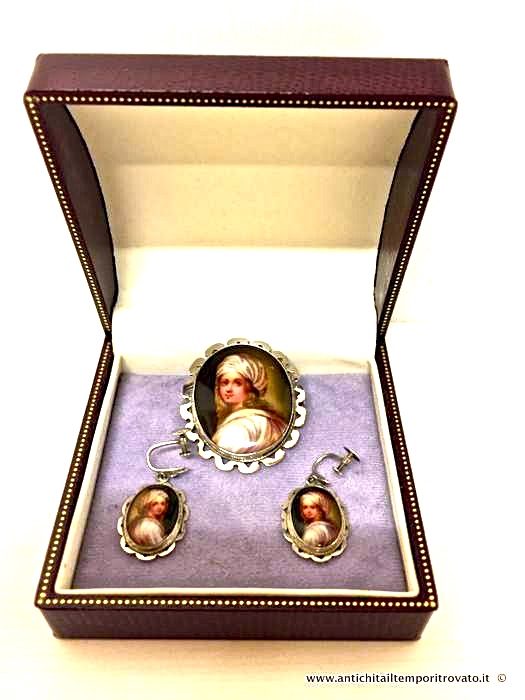 Parure Vittoriana in argento e porcellana - Antica parure dipinta a mano
